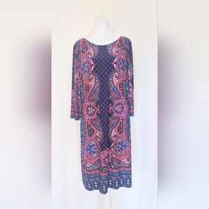 London Times 3/4 Sleeve Paisley Print Shift Dress Blue Pink Size 14 NWT